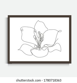 Decorative continuous line drawing lily flower, design element. Can be used for wall prints, cards, invitations, banners, posters, print design. Minimalist line art. Wall decor