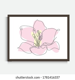 Decorative continuous line drawing lily flower, design element. Can be used for wall prints, cards, invitations, banners, posters, print design. Minimalist line art. Wall decor