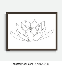 Decorative continuous line drawing lotus flower, design element. Can be used for wall prints, cards, invitations, banners, posters, print design. Minimalist line art. Wall decor