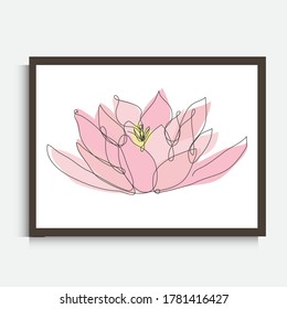 Decorative continuous line drawing lotus flower, design element. Can be used for wall prints, cards, invitations, banners, posters, print design. Minimalist line art. Wall decor