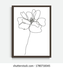 Decorative continuous line drawing poppy flower, design element. Can be used for wall prints, cards, invitations, banners, posters, print design. Minimalist line art. Wall decor