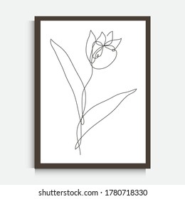 Decorative continuous line drawing tulip flower, design element. Can be used for wall prints, cards, invitations, banners, posters, print design. Minimalist line art. Wall decor