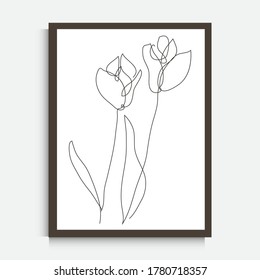 Decorative continuous line drawing tulip flowers, design elements. Can be used for wall prints, cards, invitations, banners, posters, print design. Minimalist line art. Wall decor