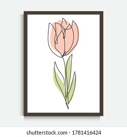 Decorative continuous line drawing tulip flower, design element. Can be used for wall prints, cards, invitations, banners, posters, print design. Minimalist line art. Wall decor