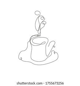 Decorative continuous line hand drawn coffee tea cup, design element. Can be used for menu, cards, invitations, banners, posters, print design