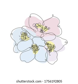 Decorative continuous line  hand drawn jasmine flowers, design elements. Can be used for cards, invitations, banners, posters, print design
