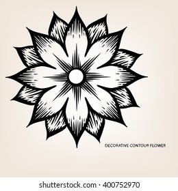 Decorative contour flower on light background. Circular stylized flower drawing on a tablet.