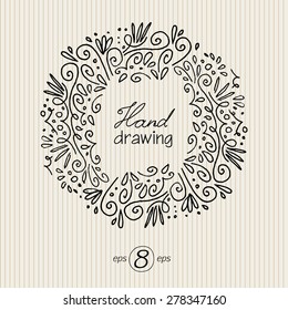Decorative contour frame, hand drawing. Swirls and curls.Black pattern on a light textural background.