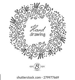 Decorative contour frame, hand drawing.White outline on black background. Swirls and curls.