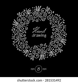Decorative contour frame, hand drawing.White outline on black background. Swirls and curls.