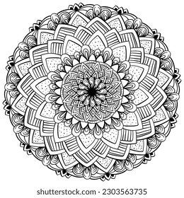 Decorative contour mandala with a floral element in the center, antistress coloring page with ornate patterns vector illustration