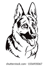 Decorative contour outline portrait of Dog German Shepherd looking in profile, vector illustration in black color isolated on white background. Image for design and tattoo. 