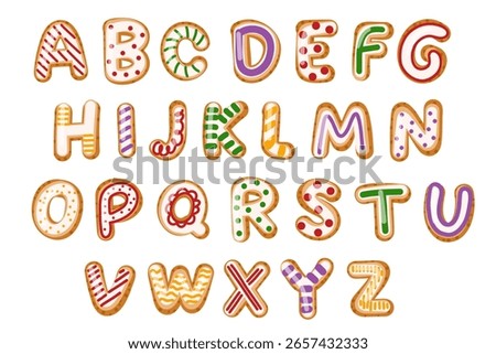 Decorative cookies shaped as letters create a vibrant alphabet display, perfect for holiday celebrations or educational activities with children. Each letter features unique designs and colors.
