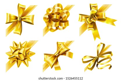 Decorative corner bow. Golden favor ribbon, yellow angle bows and luxury gold ribbons. Birthday or xmas decor bow, gift box packaging ribbon. Realistic 3D isolated vector illustration signs set