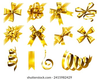 Decorative corner bow. Golden favor ribbon, yellow angle bows and luxury gold ribbons. Christmas, birthday wrapping for gifts. Festive presents, shiny surprise celebration vector isolated set