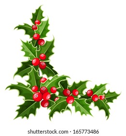 Decorative corner with Christmas holly. Vector illustration.