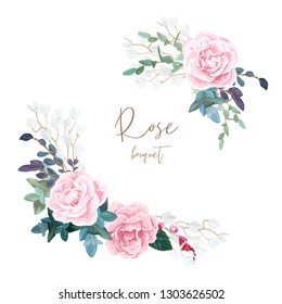 Decorative corner composition of pale roses, white spring flowers, eucalyptus and succulents. Light floral bouquet for wedding invitations and romantic cards. Hand drawn vector illustration.