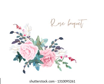 Decorative corner composition of pale roses, white spring flowers, eucalyptus and succulents. Light floral bouquet for wedding invitations and romantic cards. Hand drawn vector illustration.