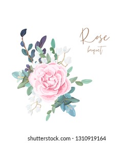 Decorative corner composition of pale roses, white spring flowers, eucalyptus and succulents. Light floral bouquet for wedding invitations and romantic cards. Hand drawn vector illustration.