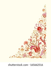 Decorative  corner composition with stylized flowers, golden - red palette, on beige background 