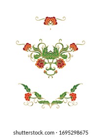 Decorative  corner composition with stylized golden flowers, on white background 