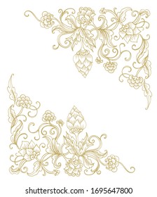 Composición decorativa de esquina con Humulus lupulus estilizado, flores de lúpulo, paleta dorada - roja, sobre fondo blanco 