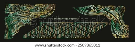 Decorative corner design element. black gold green, yellow and brown, corner design illustration,, Papua New Guinea Tribal design