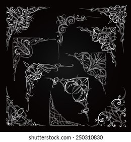 Decorative corner design elements on black background.