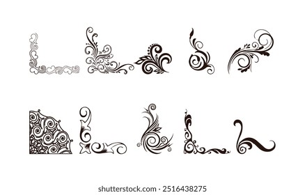 Ornamento floral de canto decorativo.Design de canto floral. 
Ornamento de espiral isolado no fundo branco 
ilustração vetorial. Borda decorativa com 
elementos de curva, padrão.