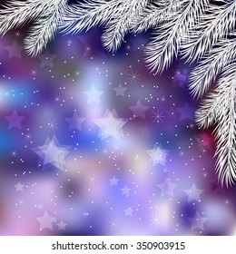 Decorative corner frame with fir branches on abstract winter background.