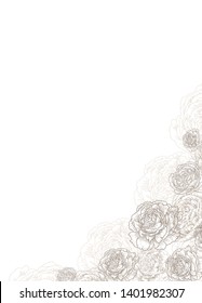 Decorative corner frame with flowers, roses, peonies. Elegant and stylish template for text. Vector illustration drawing.