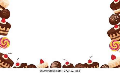 A decorative corner frame made of assorted chocolate cakes, candies, and lollipops, leaving a large blank white space for text or other elements.