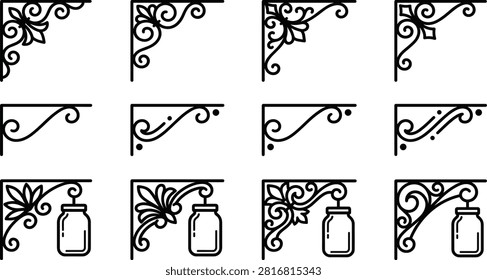 Decorative corner frames featuring intricate scrollwork floral patterns and hanging mason jar icons for artistic design projects.