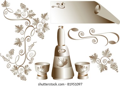 Decorative corner of grape leaves and a bottle with glasses.