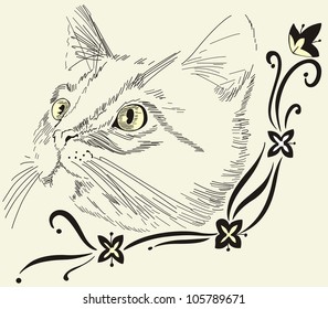 Decorative corner with nice cat. Vector sketch.
