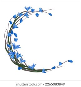 Decorative corner rounded frame of first spring blue flowers in retro style, for lettering, backgrounds, textiles, flyers, weddings, holidays