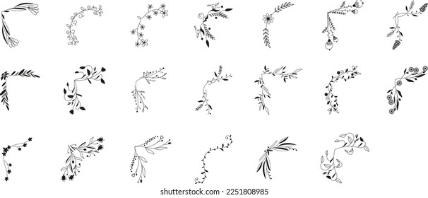 Decorative corner set made of hand drawn british ivy branches. Tree twigs, leaves, berries, flowers, natural decor. Invitation, greeting card, wallpaper, wedding invitation, save the date