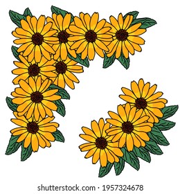 Decorative corner of yellow-orange flowers and small green leaves, cosmos border for decor invitations, cards, etc. vector illustration