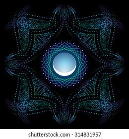 decorative corners, blue green psychedelic floral geometric ornamental frame, stylized young moon, black background, use opacity mask, vector EPS 10