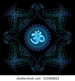 Decorative Corners, Blue Green Psychedelic Floral Geometric Ornamental Frame, Holy Hindu Symbol Om, Black Background, Use Opacity Mask, Vector EPS 10