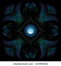 decorative corners, bright psychedelic floral geometric ornamental frame, stylized young moon, black background, use opacity mask, vector EPS 10