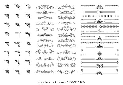 Decorative corners and dividers. Ornamental curls border, royal ornaments and vintage filigree ornament corner vector illustration set