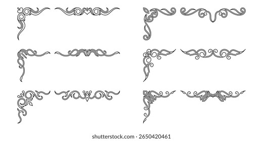 Decorative corners frames. Vintage corners frames, decorative divider elements. Divider ornament. Text dividers. Wedding design elements. Hand drawn vector illustration. Editable stroke