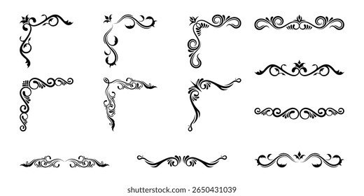 Decorative corners frames. Vintage corners frames, decorative divider elements. Divider ornament. Text dividers. Wedding design elements. Hand drawn vector illustration.