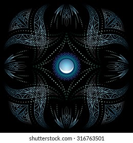 decorative corners, light blue psychedelic floral geometric ornamental frame, stylized young moon, black background, use opacity mask, vector EPS 10