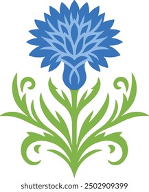 Decorative Cornflower flower symbol, Vector set with outline Cornflower or Knapweed or Centaurea flowers bunch, bud and leaf