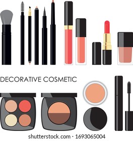 Decorative cosmetic. Vector set. Beauty shadows, mascara, nail Polish, lipstick, lip gloss, brushes, concealer, pencil. The colors are red, pink, and beige. Black cases, tubes.