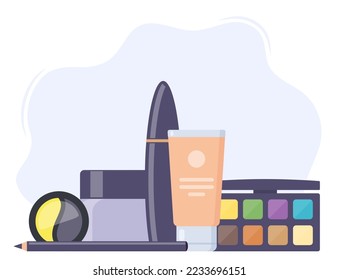 Decorative cosmetics, beautiful composition. Everything for make up. Eye shadow, mascara, nail Polish, foundation, brush, lipstick, cream cosmetic pencil Vector illustration