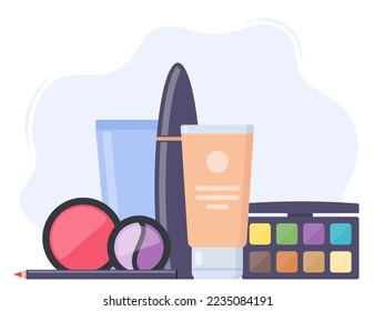 Decorative cosmetics, beautiful composition. Everything for make up. Eye shadow, mascara, nail Polish, foundation, brush, lipstick, cream cosmetic pencil Vector illustration