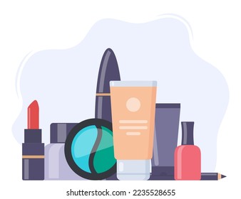 Decorative cosmetics, beautiful composition. Everything for make up. Eye shadow, mascara, nail Polish, foundation, brush, lipstick, cream cosmetic pencil Vector illustration